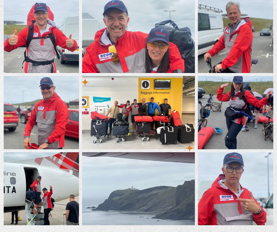 Montage of photos of 40tude Muckle Flugga team showing off their kit kit