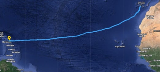 Map showing route rowed by Ted Jackson across the Atlantic for 40tude Jan 2023
