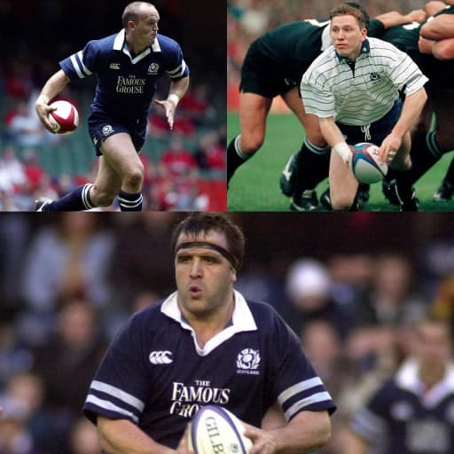 Photo montage of Scottish rugby legends Gregor Townsend, Andy Nicol and the late Tom Smith in action on the rugby field