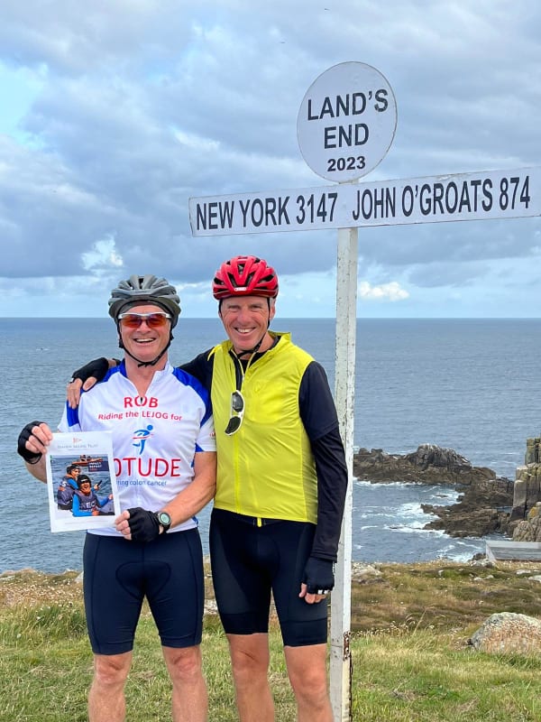 Rob Orr (left) and his friend Nick at Lands End, the start of their Lejog for 40tude