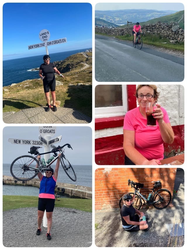 Montage of photos of Jane Fellows on her LEJOG ride