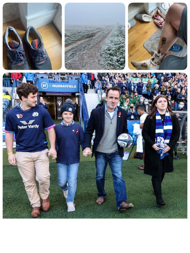 Photo montage: running shoes, frosty landscape, injured leg and Tom Smith and family, the inspiration for Rich Duncan