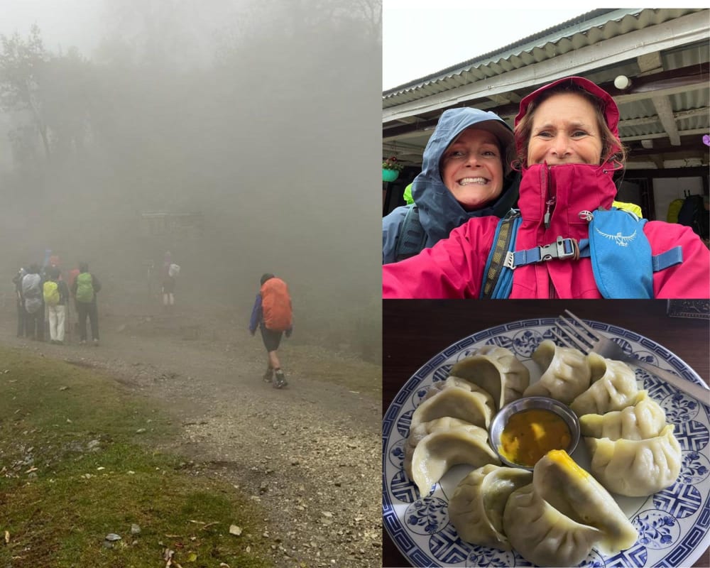 Photo collage shows team walking in rain and dumplings for supper!